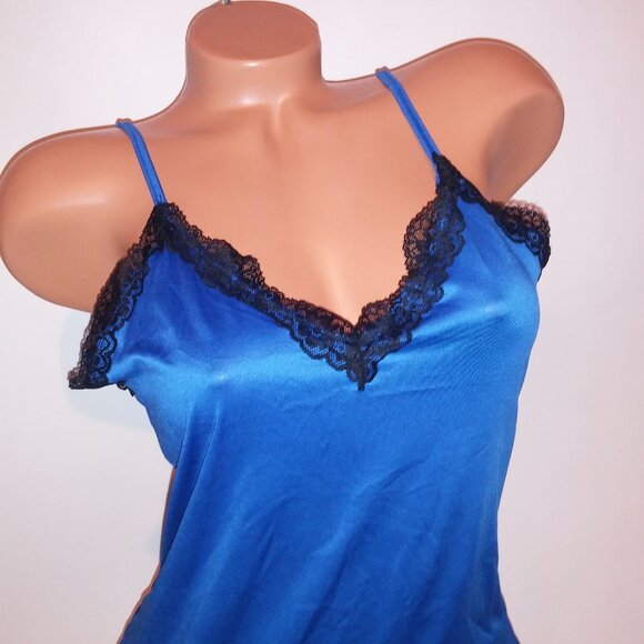 Lingerie Chemise Slip Blue Black Lace Trim Sleeveless Night Gown Sleepwear - Picture 5 of 8